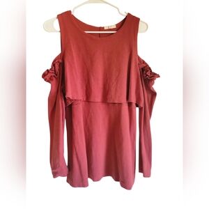 Easel Women's Rust Orange Bohemian Style Cold-Shoulder Relaxed Fit Top, Sz L